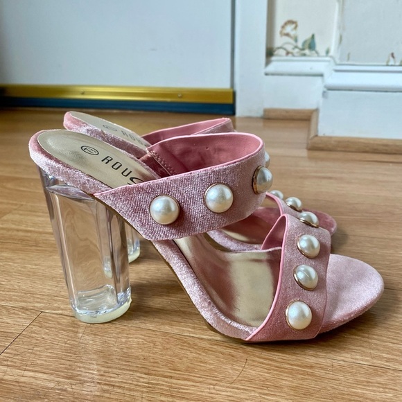 Rouge New Upright Pearl Pink Mauve Velvet Clear Block Heels 7.5 NWT - Picture 11 of 11
